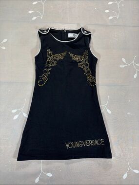 Young Versace Black Sleeveless Girls' Dress with Gold Stud Accents Logo Sz 2A